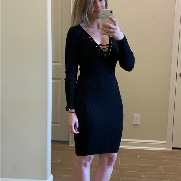 black fitted sweater dress